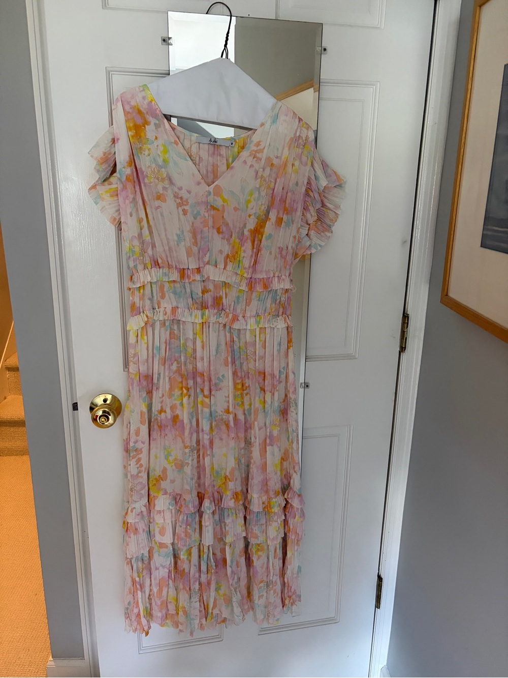 Pastel Floral V-Neck Ruffled Dress - Pink, yellow, blue and white